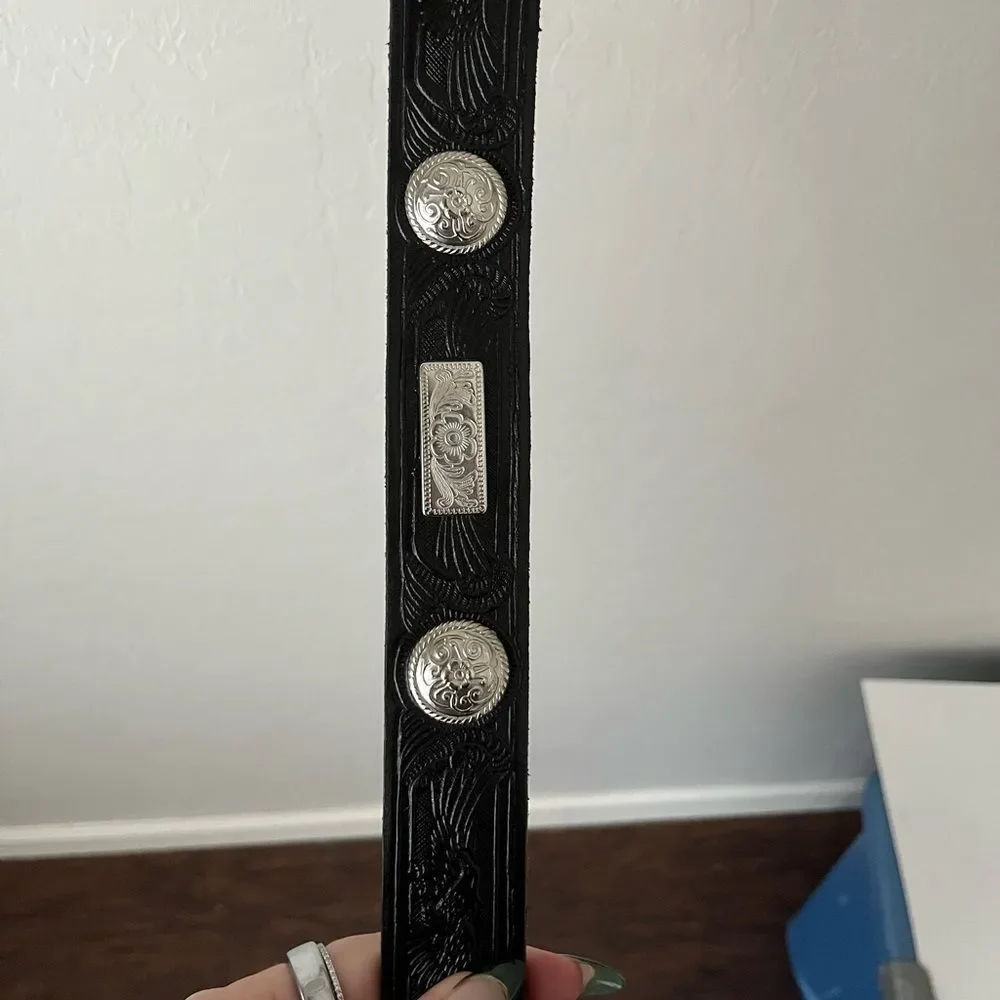 Western Embossed Tooled Leather Metal Detail Handmade Belt Black and Silver